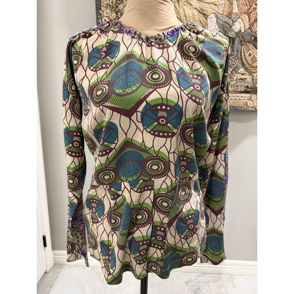 Marni At H&M Blouse Womens 32 Multicolor Geometric Silk Bow Back Long Sleeve Top